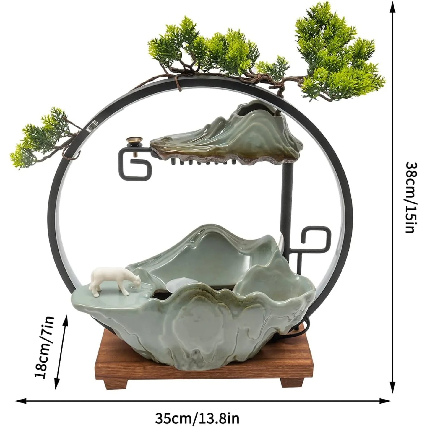 Tabletop Water Fountain (Indoor) - Round LED Light, Mist Maker & Incense Holder, Ceramic-Wood Material for Home/Office Decor