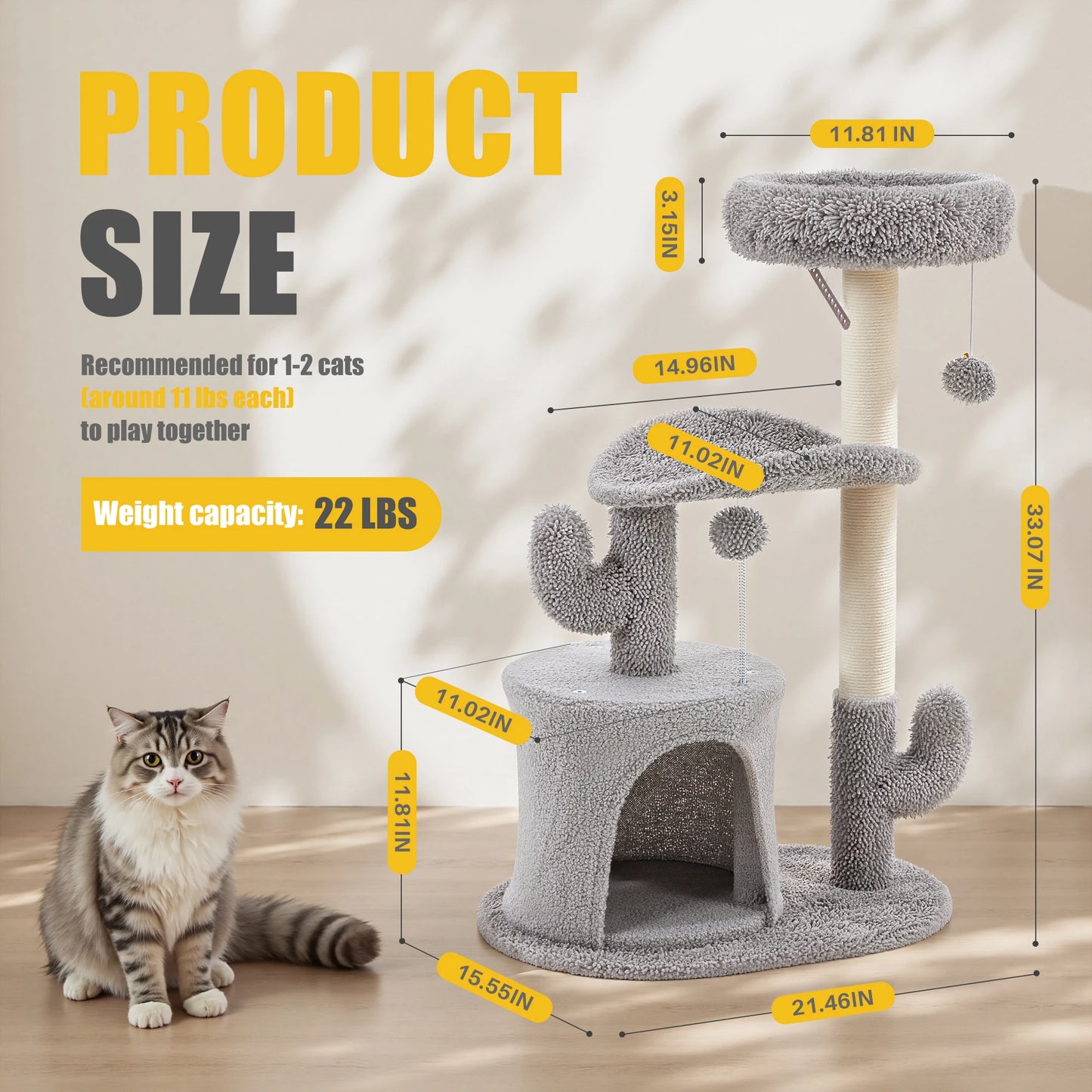33IN Tall Multi-Level Cat Tree Tower for Indoor Pet Furniture Stable Kitty Play House with Sisal Scratching Post