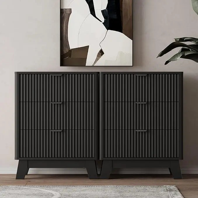 Night Stand Set 2,Mid Century Modern Fluted Wood Nightstand with Drawers & Metal Handles, Farmhouse Nightstand for Bedroom