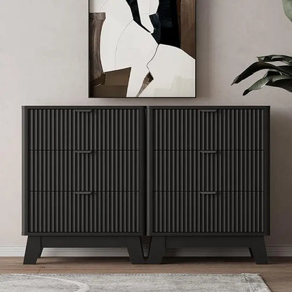 Night Stand Set 2,Mid Century Modern Fluted Wood Nightstand with Drawers & Metal Handles, Farmhouse Nightstand for Bedroom