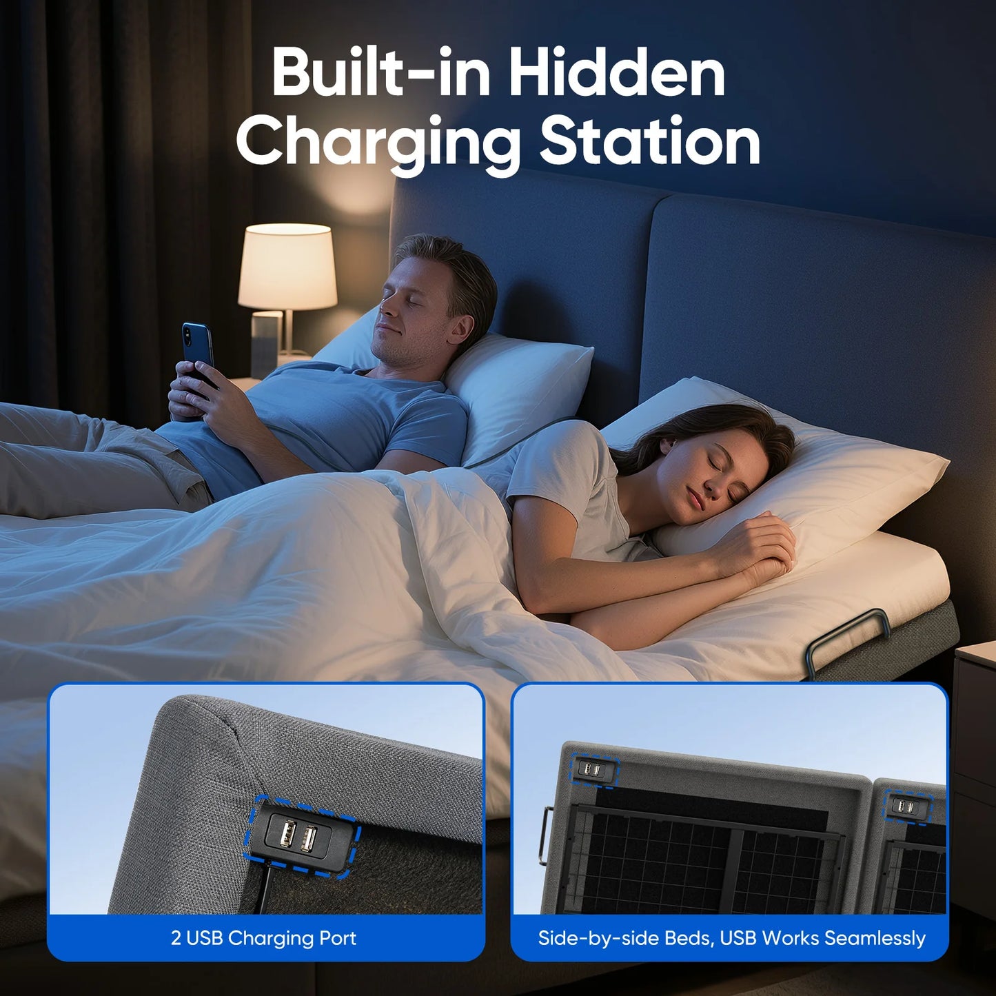 Twin Split King Size Adjustable Bed Base Frame with Massage Silent Double Motor with Wireless Remote Control Bedroom