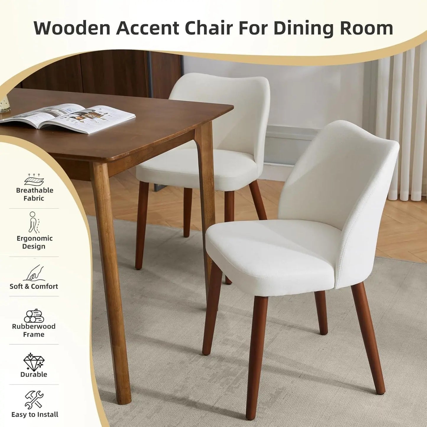 Mid Century Modern Dining Chairs Set of 2,Linen Fabric Upholstered Accent with Wood Legs for Kitchen Dining Room Beige