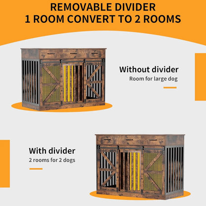 48 Inch Large Dog Crate Furniture with 3 Storage Drawers, Wooden Pet Kennel with Removable Divider