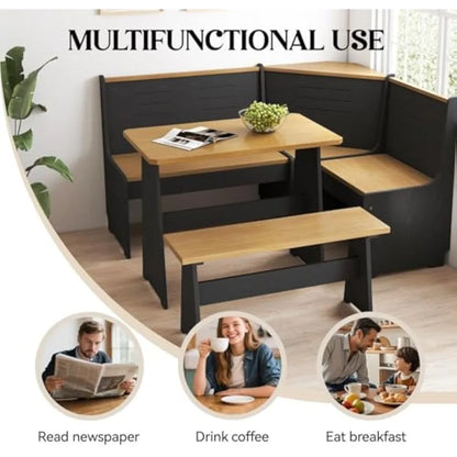 breakfast nook corner dining table kitchen bench chair set, space-saving 3-5 people seat reversible l-shape for family home blac