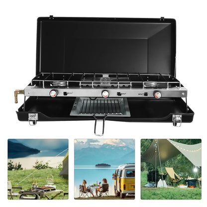 Camping Stove 3 Burner Propane Portable Stove with Regulator Toast Tray Windshield for Car Camping BBQ Picnics Outdoor Cooking