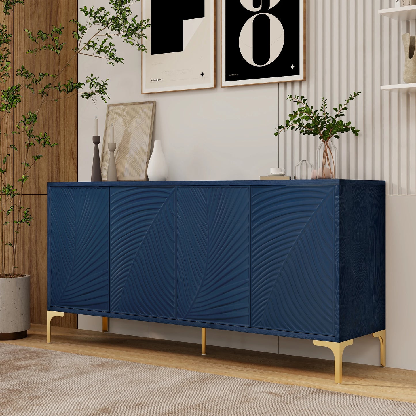 Modern 4-door Sideboard with Creative carved and shaped surface and Adjustable Shelves, Suitable for Study, Living Room