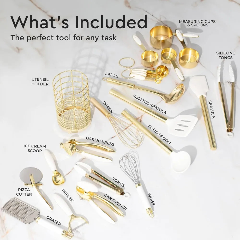 White and Gold Kitchen Utensils Set - 23-Piece Gold Kitchen Accessories Include Measuring Cups and Spoons Set, Silicone Utensils