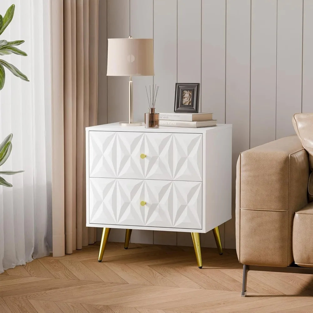 White Night Stand Set of 2, Wide Embossed Nightstand with 2 Drawers