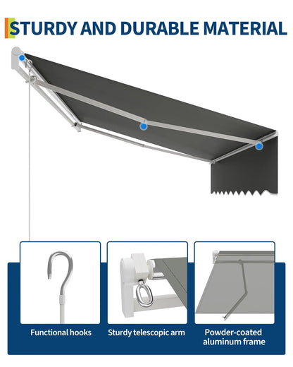 10x8Ft/13x10Ft Manual Retractable Patio Awning, Heavy Duty Aluminum Frame With Waterproof & UV Protection Fabric For Deck Porch