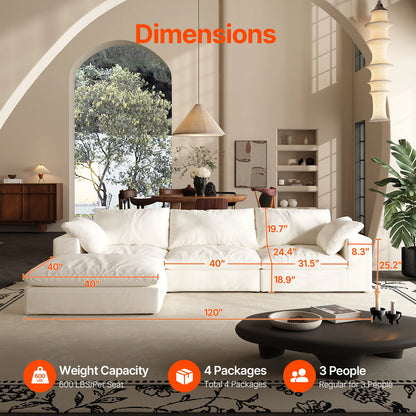 Comfy Cloud Couch 120'' Modern Sectional Sofa for Living Room Down Filled Couch with Ottoman U Shaped 5 Seater Convertible Sofa