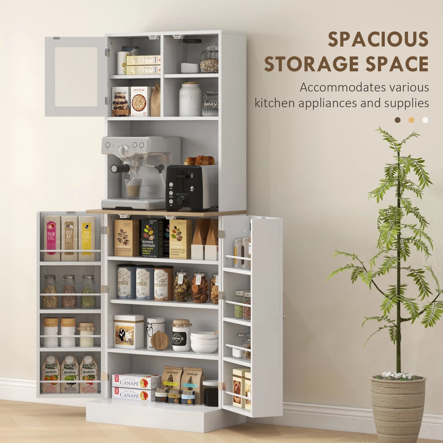 66.5" Tall Kitchen Pantry Storage Cabinet with Microwave Stand White