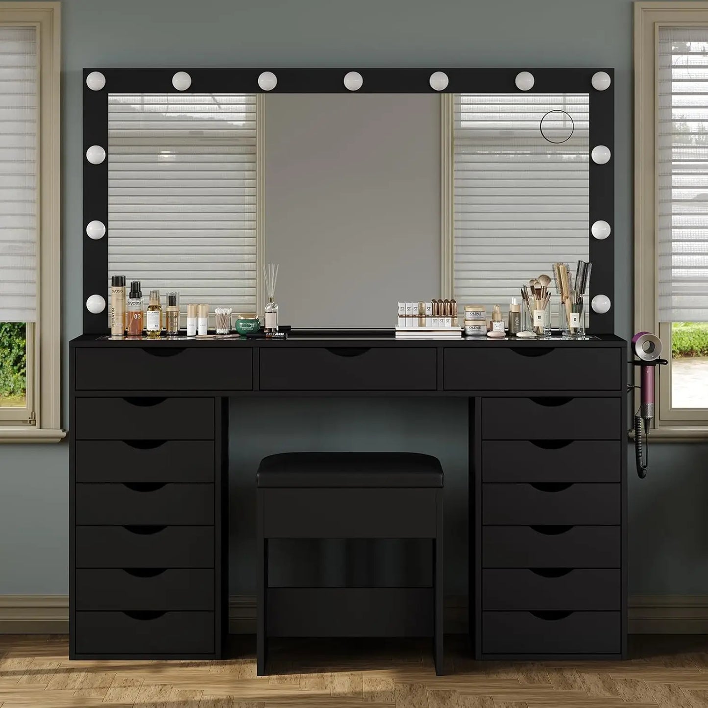 Vanity Desk with Mirror and Lights, Makeup Table with Charging Station, 3 Color Lighting Modes, 15 Drawers Dressing Table