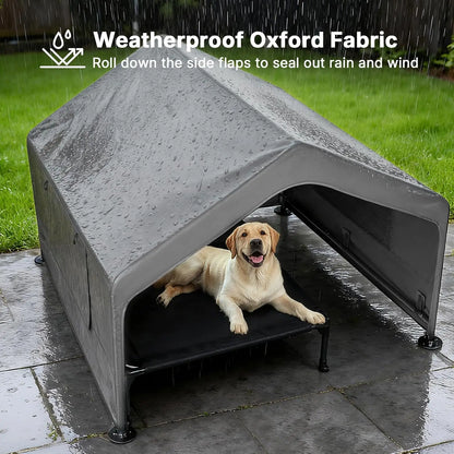 Large Dog House Outdoor with Elevated Bed, Weatherproof Pet Tent Shelter 4.1x4.1x3.3ft for Dogs Cats, Grey