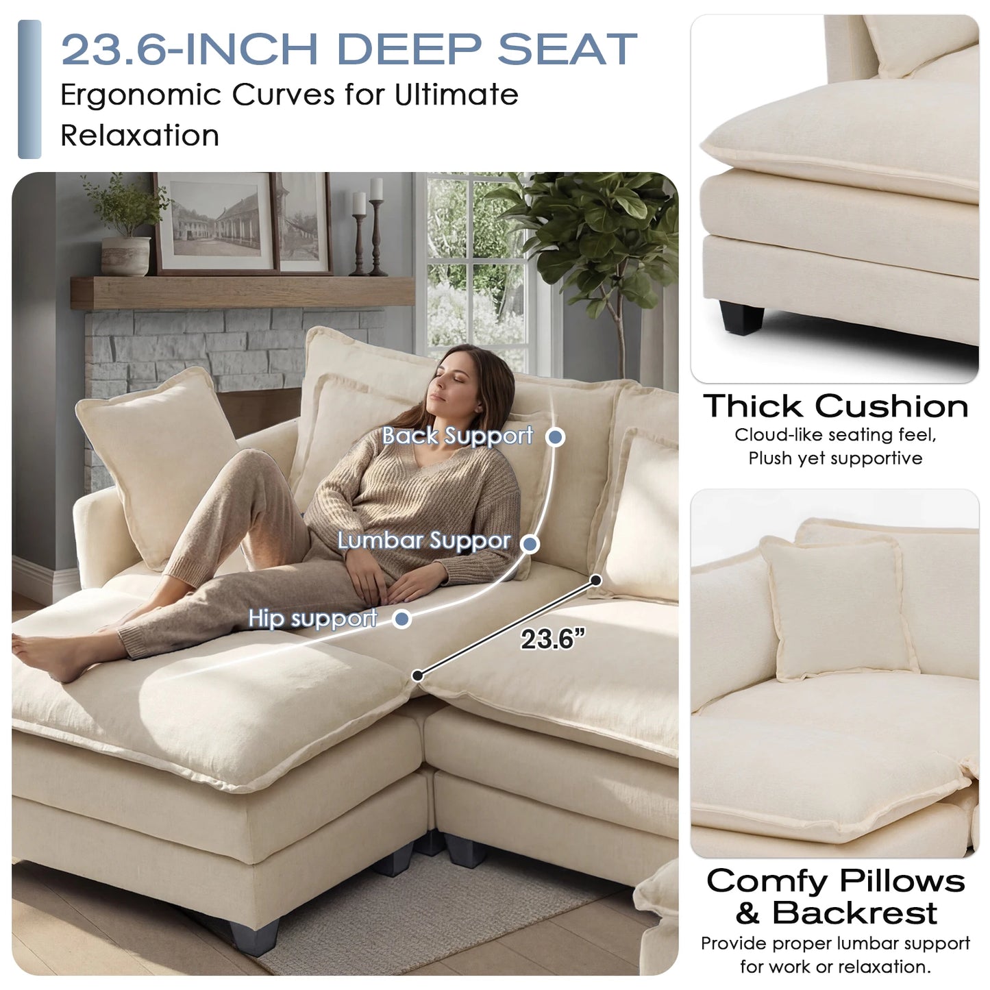 113.4" Modular Sectional Sofa with Ottoman, Comfy Cloud Couch with Deep Seat (23.6" D), Solid Wood Frame,for Living Room