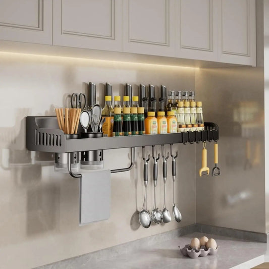 Wall-mounted Spice Storage Rack With Hooks, Hanging Tableware & Utensils Holder,  Space Saving Storage