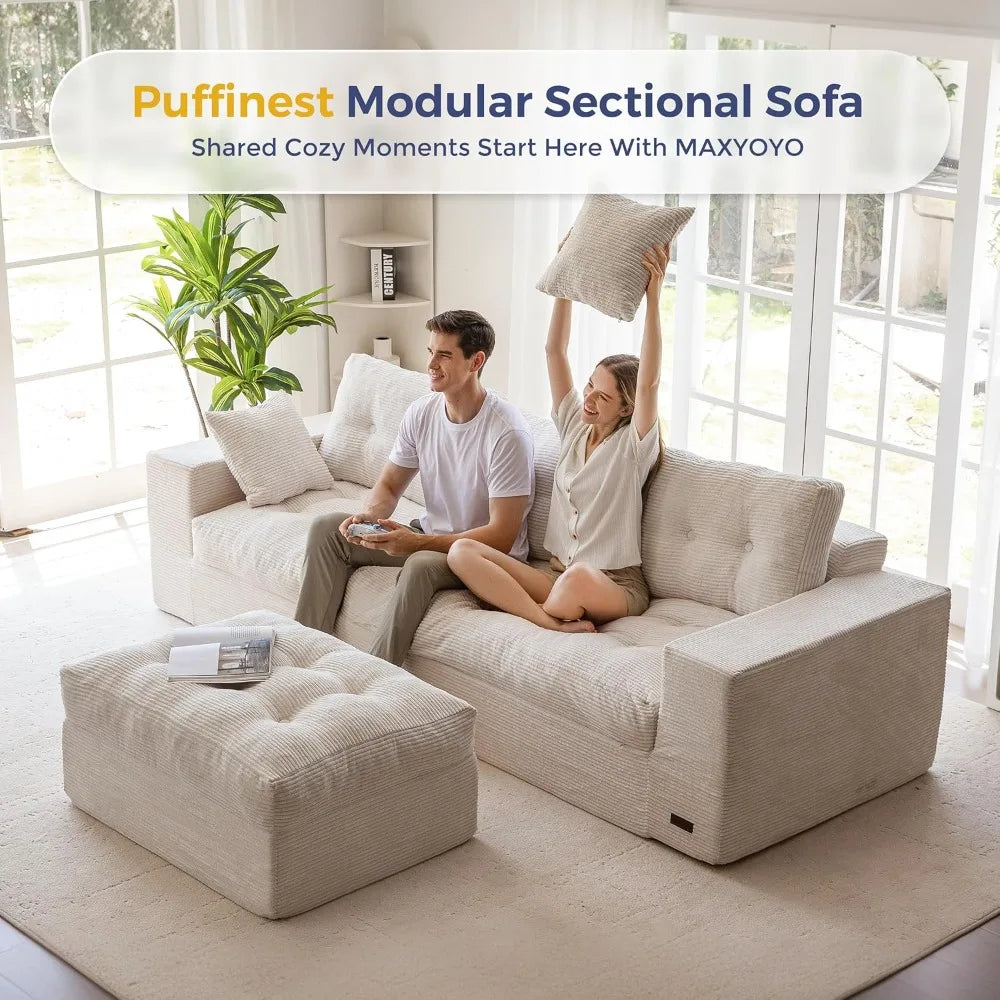 L-Shaped Sectional Sofa with Convertible Left/Right Ottoman, Cloud Boneless Modular Couch