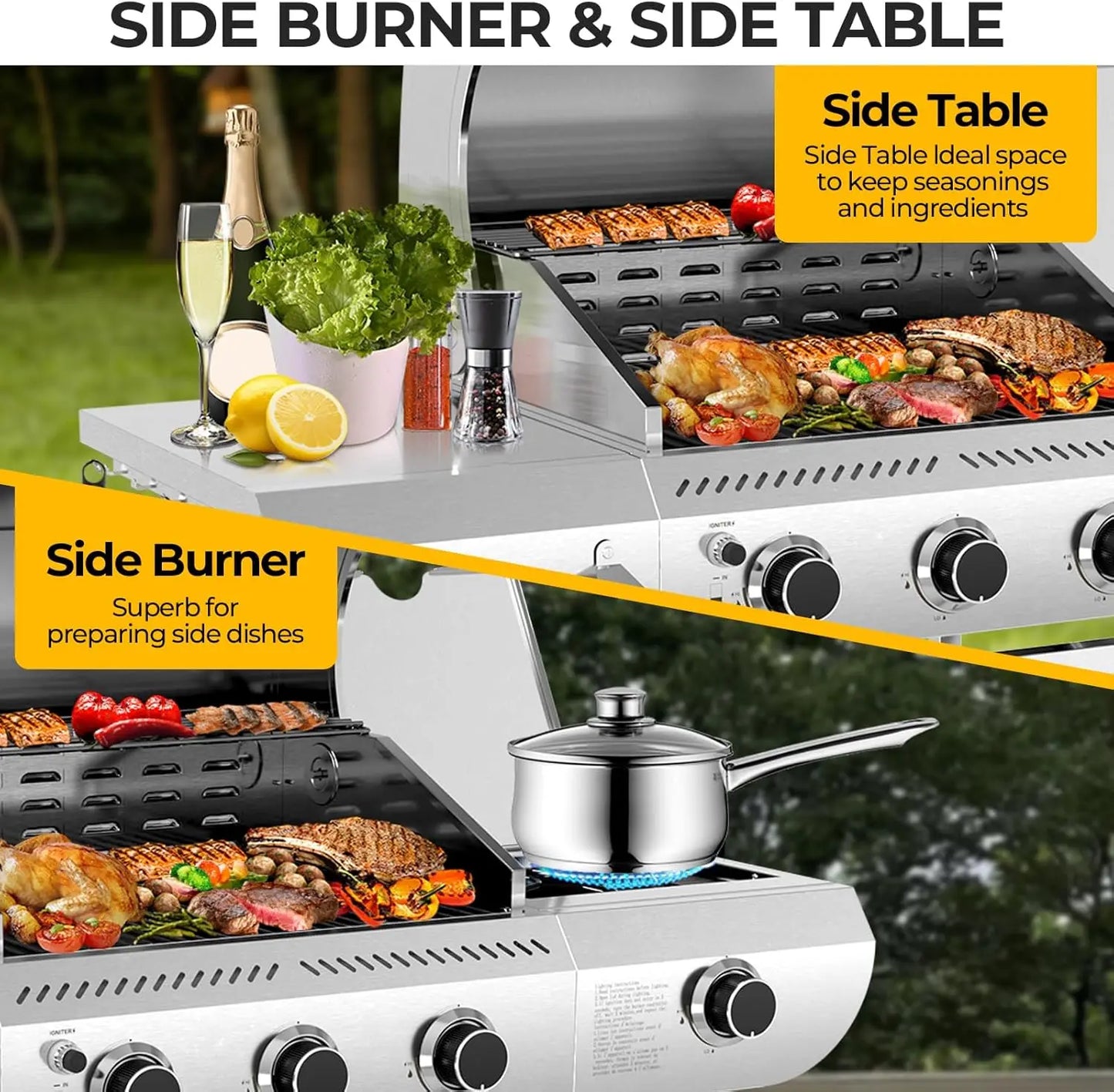 Outdoor Propane Gas Grill with 34,000 BTU Output, 3 Main Burners and a Side Burner, All Stainless Steel Construction, Cast Iron Cooking Grates, Portable Cart with Wheels, Perfect for Backyard, Patio, and Camping Barbecues