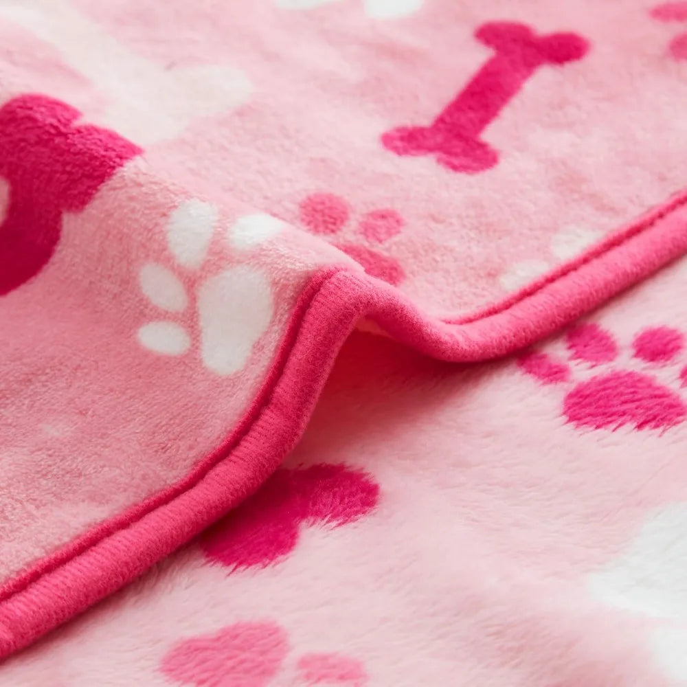 Luxurious Dog Blanket, 350 GSM Super Fuzzy Microplush Fleece Pet Blankets for Small Medium Large Dogs and Cats, Pink Paw and Bo