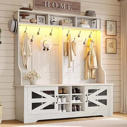 Hall Tree with Bench and Shoe Storage, 5-in-1 Entryway Bench with Coat Rack, 16 Shoe Cubbies & 12 Coat Hooks, Barn Door & Adjus