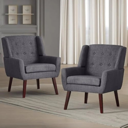 Button Tufted Accent Chairs Set of 2 Upholstered Reading Living Room Chair Mid Century Modern Chair with Linen Fabric Club Chair