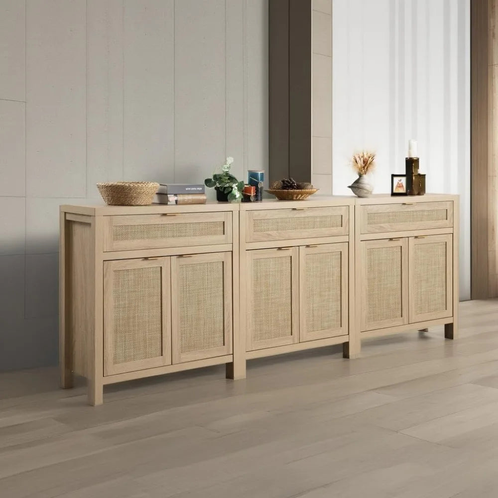 Rattan 3-Piece Buffet Cabinet Set with Doors and Drawers for Bohemian Style Dining
