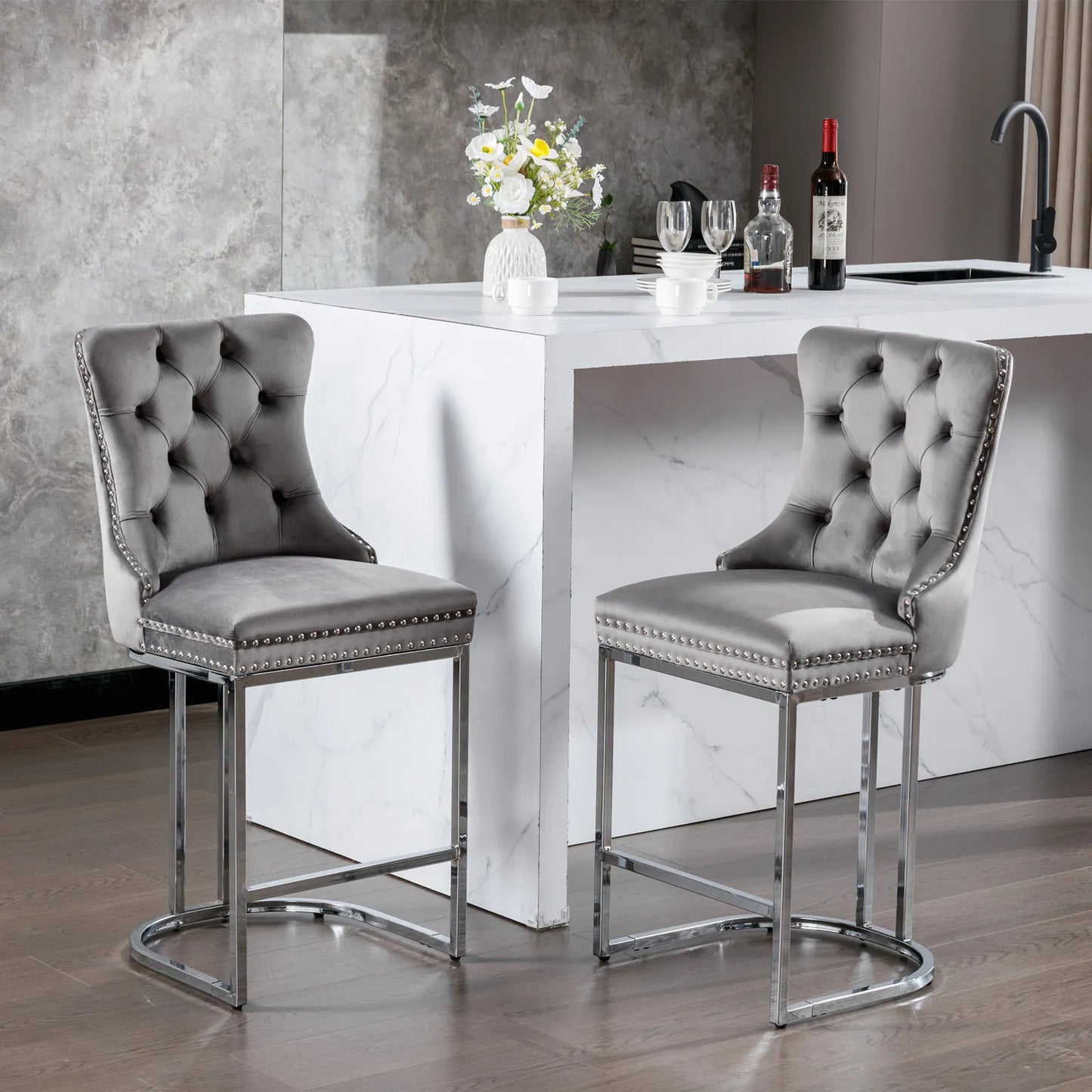 2Pcs 26" Counter Height Dining Chairs Upholstered Soft Backrest Cushions Chairs Bar Stools For  Kitchen Dining Room