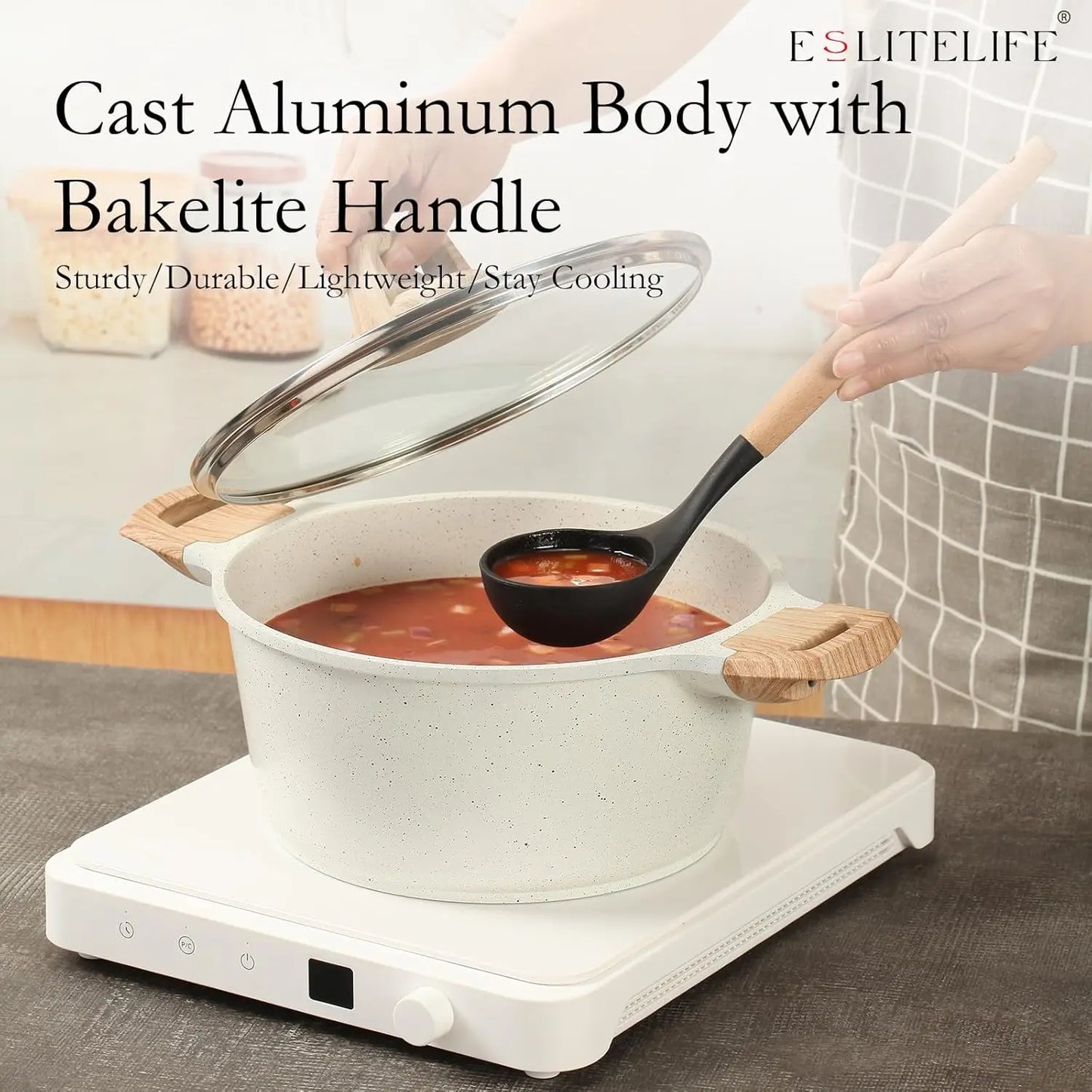 7 Quart Nonstick Stock Pot with Lid, Granite Casserole Large Soup Pasta Cooking Pot, Induction Compatible & Easy Clean
