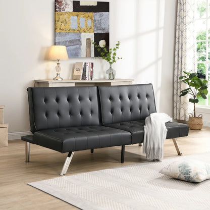 sofa bed black , can be placed flat, wooden frame, stainless steel legs, suitable for living rooms and apartments