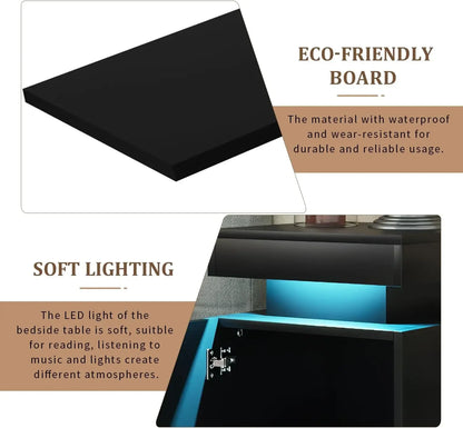 Nightstand Set of 2 with LED Lights,Night Stand with Storage Cabinet for Bedroom,Bedside Table with LED, Black
