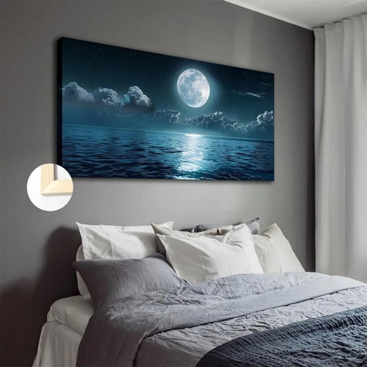 Moonlight Ocean Beach Night View Canvas art print, fashion theme wall trim, interior trim, 1.5 inch thickness