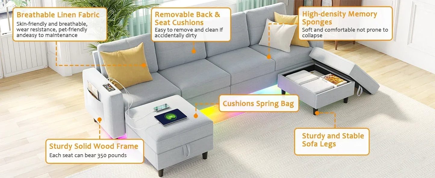 RPD4-LED Couches for Living Room.Modular Sectional Sofa Set Storage Ottomans.Oversized U Shapped