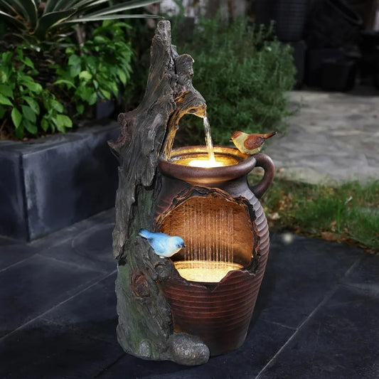 LuxenHome 30 Inch Tall Outdoor Water Fountain, Rustic Pot and Tree Trunk Cascading Waterfall Fountain Outdoor and Indoor with LE