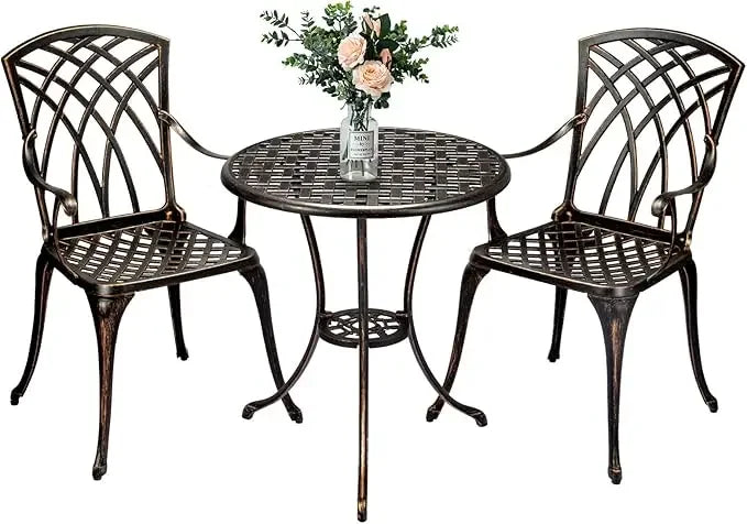 Cast Aluminum Patio Bistro Set with Umbrella Hole, 3 Piece Outdoor Bistro Set Rust-Resistant