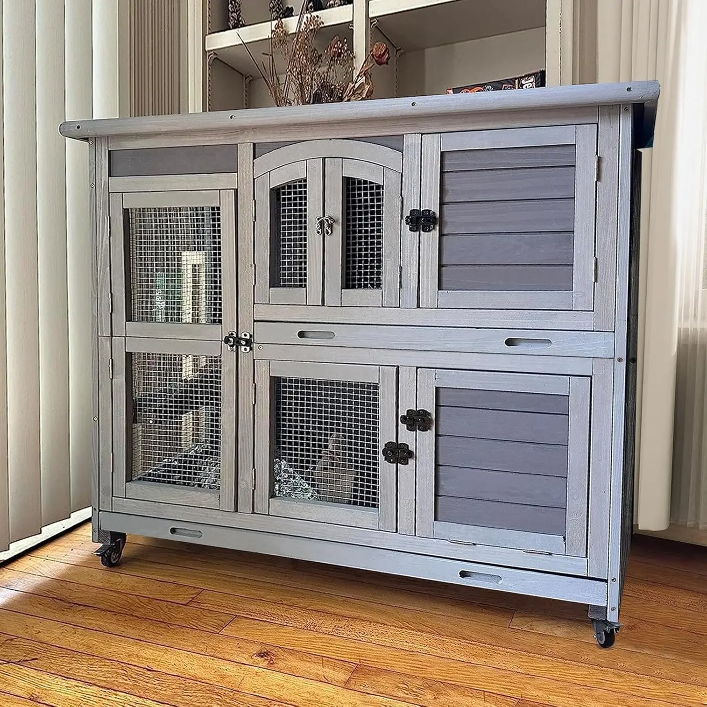 Rabbit Hutch Indoor Outdoor Bunny House Guinea Pig Cage on Wheel with Plastic Tray