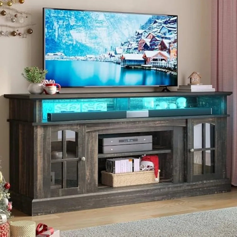 LED TV Stand, Modern Entertainment Center W/Glass Doors Adjustable Storage Shelves, Media Console TV Cabinet for For Living Room