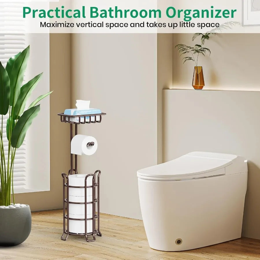 Upgraded metal freestanding toilet paper holder with 4 raised feet and integrated storage shelf for bathroom organization