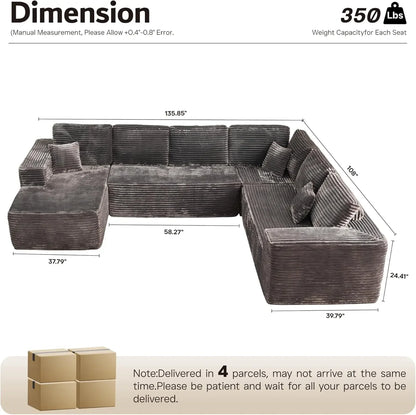 U Shaped Sofa Boneless Couch with Chaise 135" Cloud Modular Sectional Couch for Living Room Big Comfy Couches Set  furniture