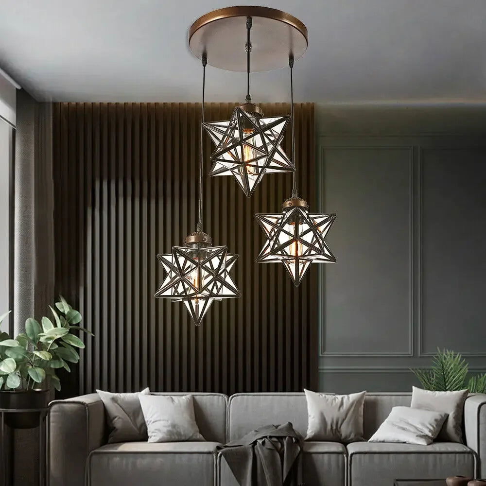 3-Light Moravian Star Pendant Chandelier Clear Glass Shade Adjustable Height 80cm Cord for Kitchen Island Living Room