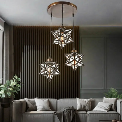 3-Light Moravian Star Pendant Chandelier Clear Glass Shade Adjustable Height 80cm Cord for Kitchen Island Living Room