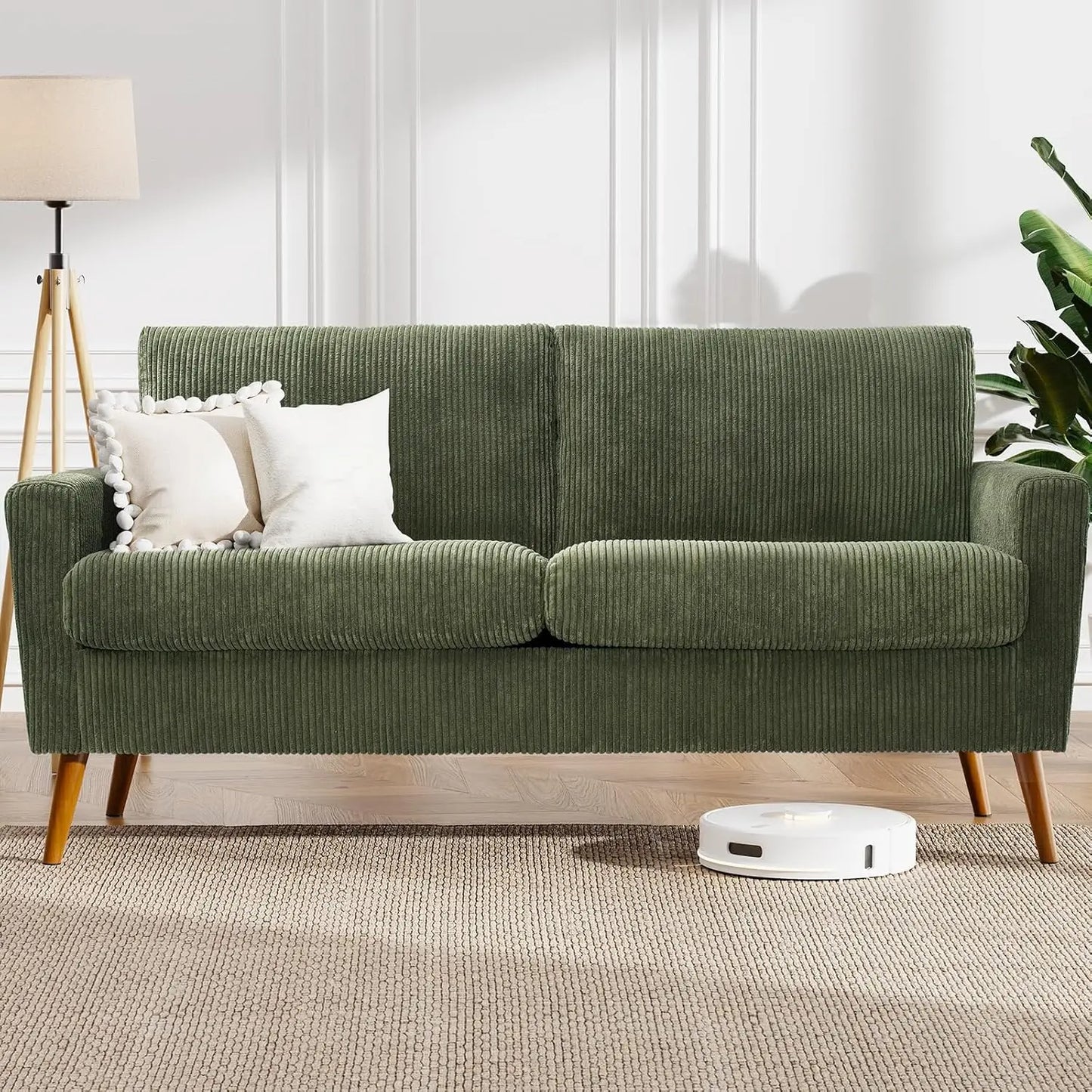 68" Loveseat Sofa Green Corduroy Couch, Mid Century Modern Love Seat Couches for Living Room