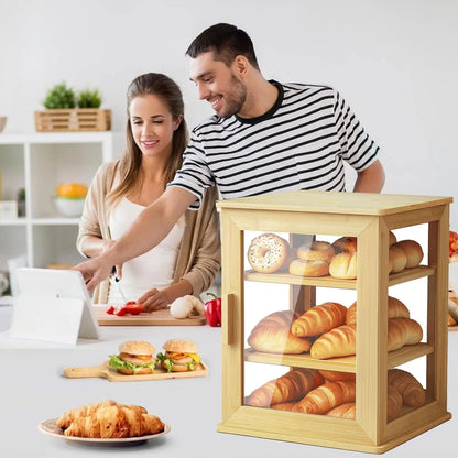 Bread Box,Pastry Display Case for  Kitchen Counter, Wooden Large Capacity Bread and fruit Storage Bin