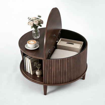 31IN Round Coffee Table with Flip-Top Storage Fluted Center Table 2-Tier Wood Desktop with Sliding Cabinet Door Living Room