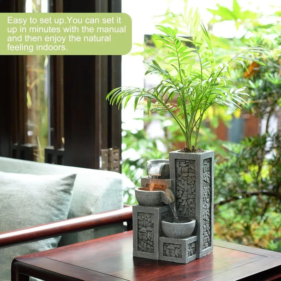 Indoor Tabletop Water Fountain 3Tier Resin Waterfall with LED Lights, Mini Bonsai Planter amp Cascading Water Flow Soothing Desk