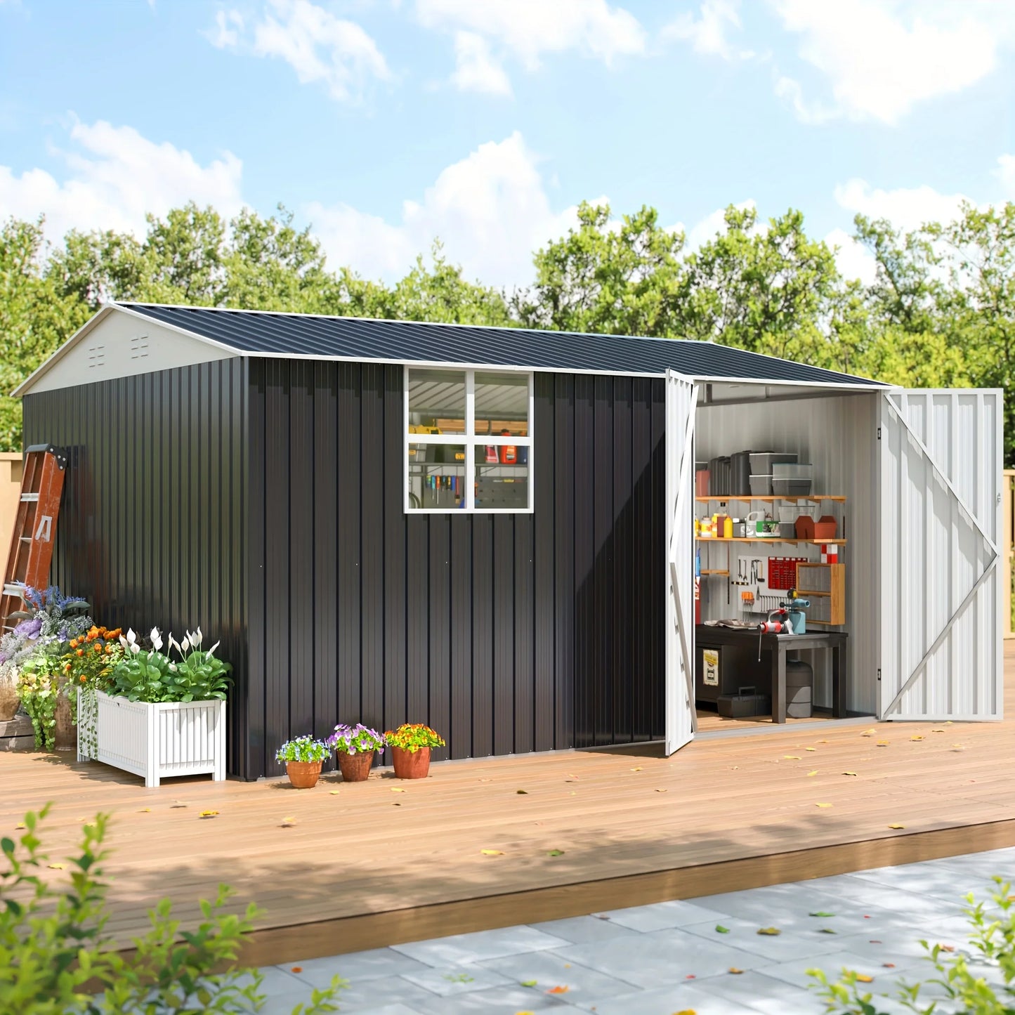 Polar Aurora 10x12 FT Outdoor Metal Storage Shed with Windows, Lockable Garden Tool Shed, Heavy-Duty Frame