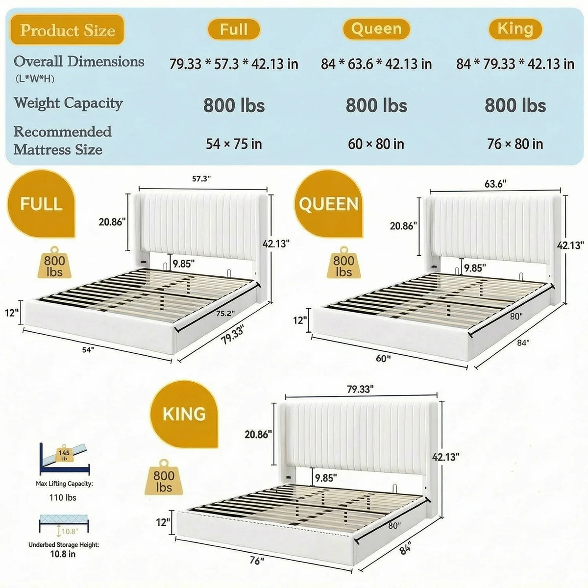 Full/Queen/King Lift Up Storage Bed Frame, Hydraulic Support System, Upholstered Platform Bed Frame, Underneath Storage,