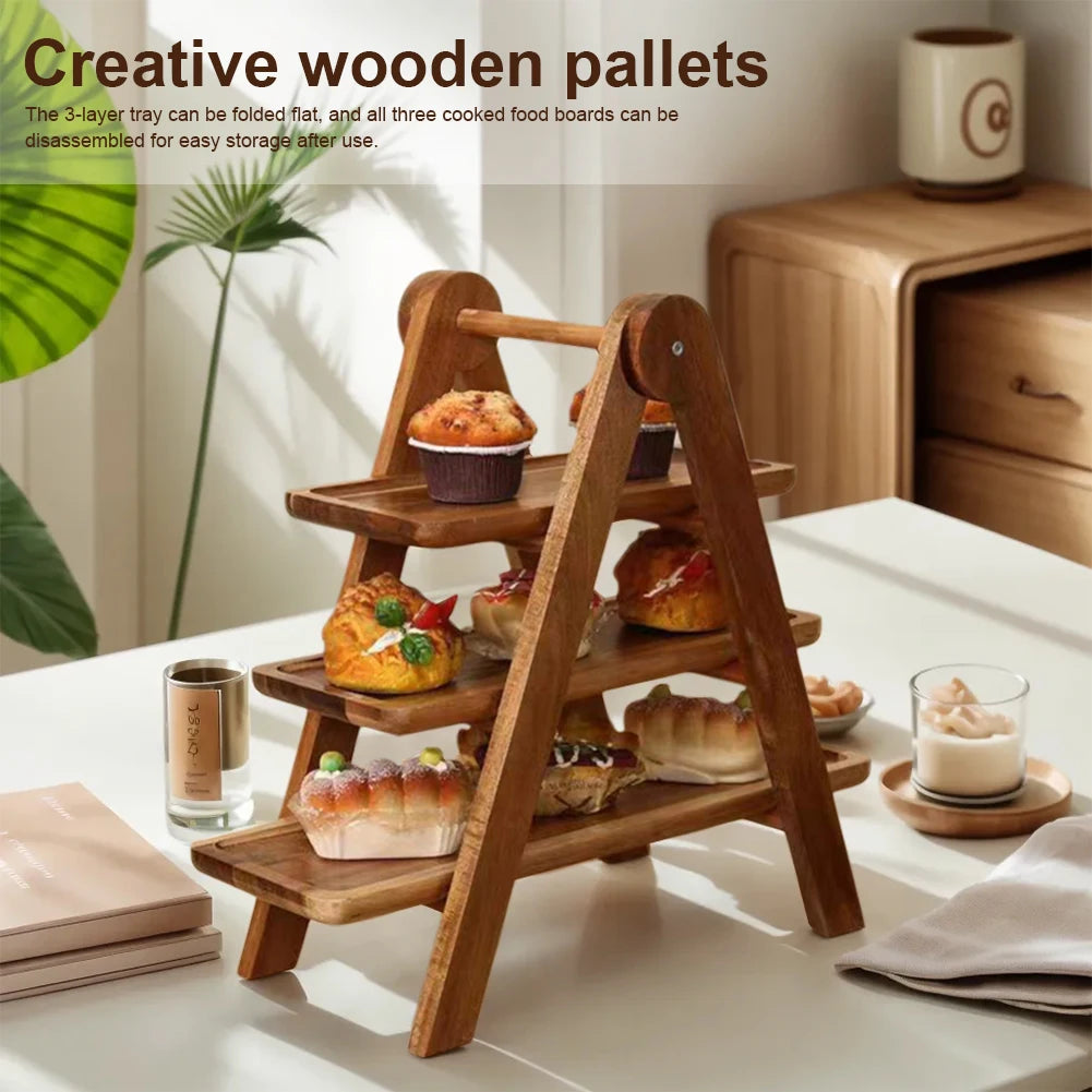 Wooden Serving Platter 3 Tier Serving Tray Multi-Function Rectangular Serving Stand Foldable Food Serving Rack serving rack