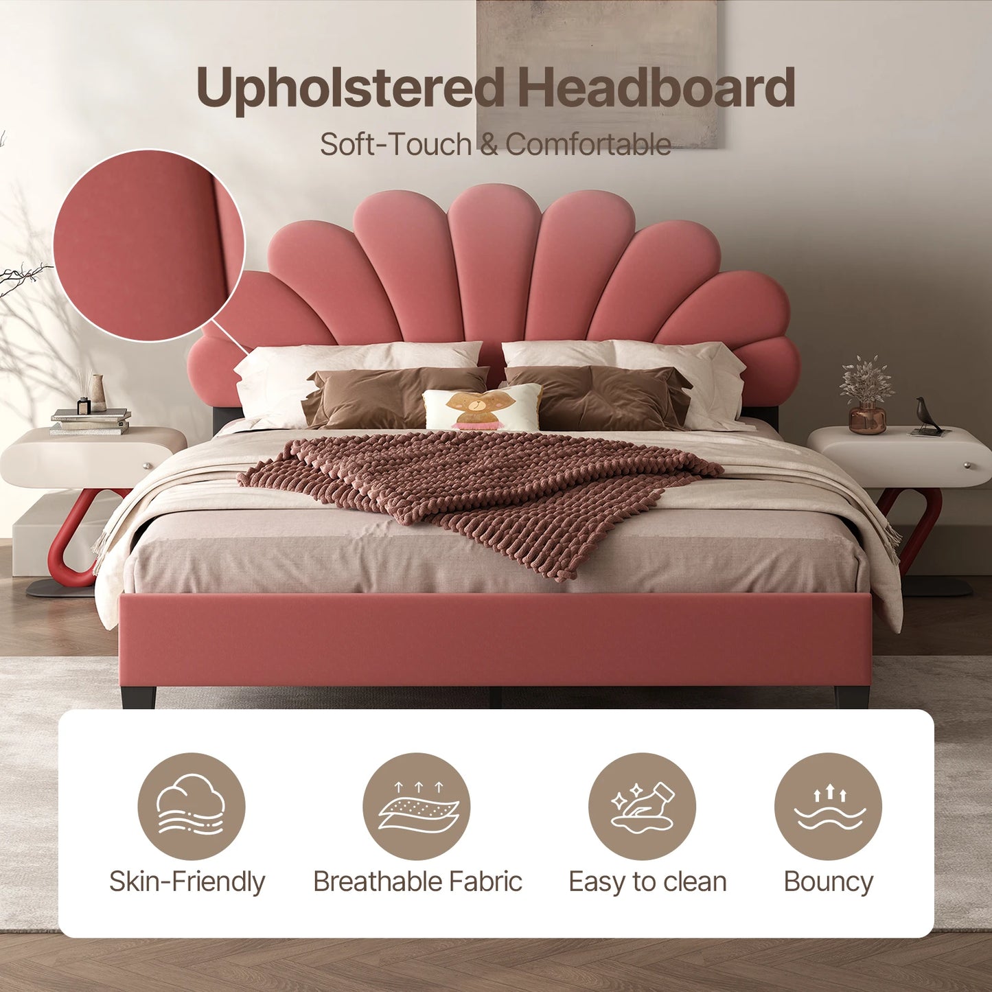 Bed Frame/Velvet Upholstered Platform Bed Frame with Flower Pattern Headboard/Strong Wood Slats Support/Mattress Foundation/No B