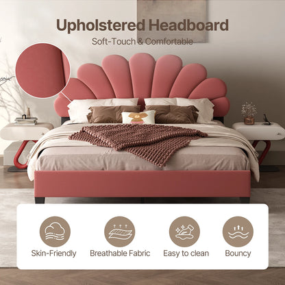 Bed Frame/Velvet Upholstered Platform Bed Frame with Flower Pattern Headboard/Strong Wood Slats Support/Mattress Foundation/No B