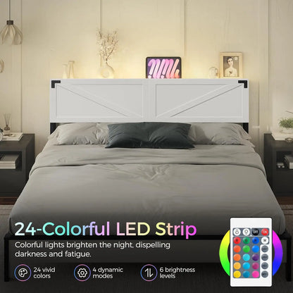 King Size Headboard with USB Ports, LED Lights, Storage Shelf and Bed Frame Adapter in White/Black