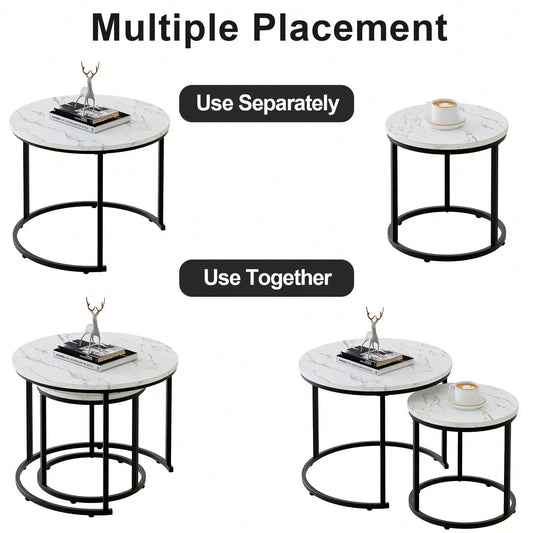 Round Nesting Coffee Table  Set of 2 End Tables for Living Room Bedroom Balcony